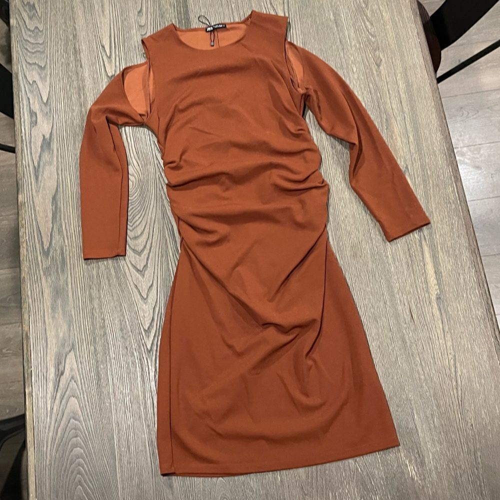 Zara Dress Cold Shoulder Long Sleeve Bodycon Mini Crew Neck Rust Orange Large